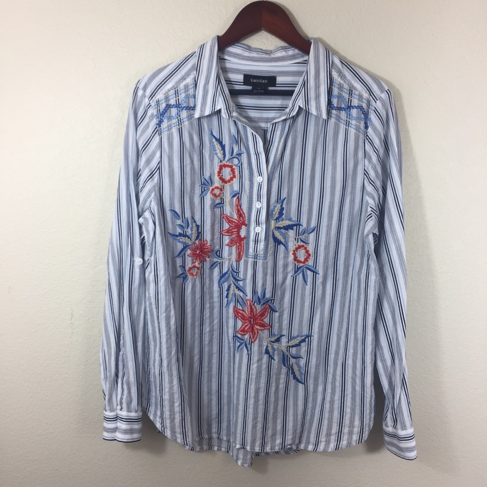 Karen Kane Floral Embroidered Striped Shirt